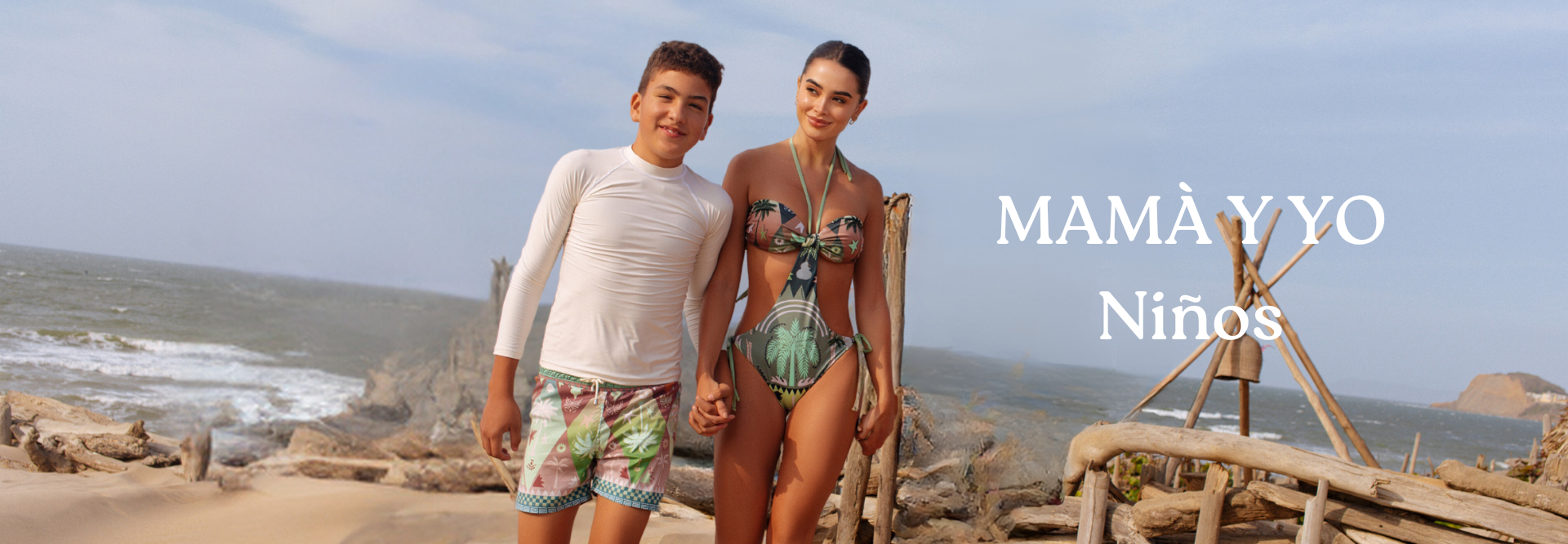 mother and son wearing matching swimsuits